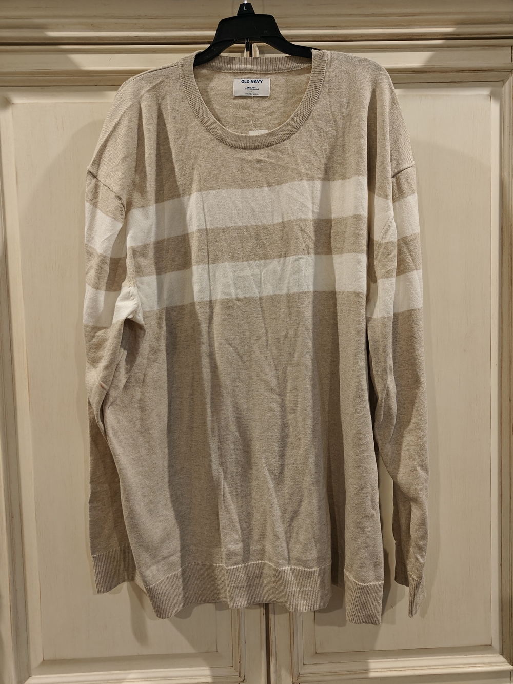 Old Navy Beige and White Striped Crewneck Sweater